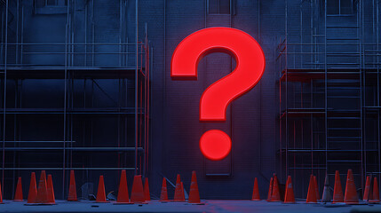 Wall Mural - Red Neon Question Mark in Dark Industrial Setting