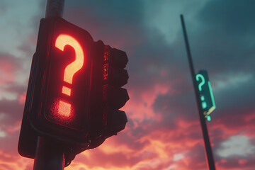 Wall Mural - Red Question Mark Traffic Light at Sunset