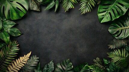 Wall Mural - Tropical leaves frame, dark background
