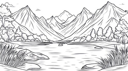 Canvas Print - Serene mountain lake landscape, peaceful nature scene, coloring page