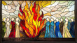© MstAfrin - Stained glass depiction of a group of people with a flame behind them, featuring a color palette of light blue, red, and yellow