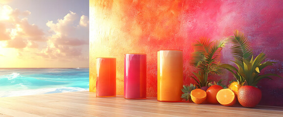 Sticker - Colorful Sunset Beach Scene With Fruit Juices