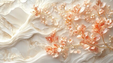 Poster - Peach blossoms, pearl accents, textured wall, elegant design, interior decor