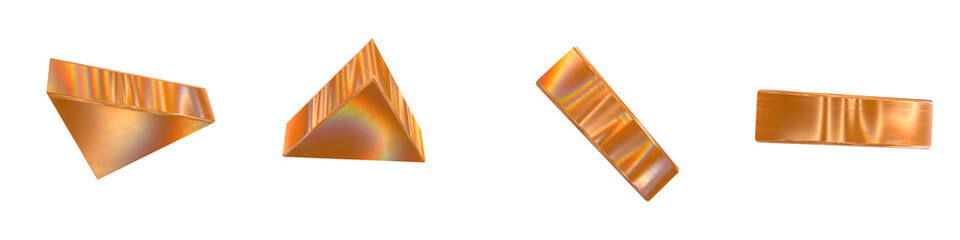 Set of 4 3d triangular with golden and rainbow effects isolated on a transparent background. 3d elements for graphic design.