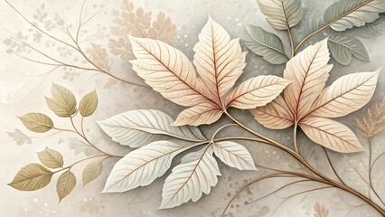 Wall Mural - Elegant Botanical Illustration Featuring Delicate Veined Leaves in Soft Neutral Hues on a Subtle Textured Background
