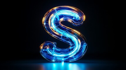 Canvas Print - Glowing neon letter S, blue and orange light.