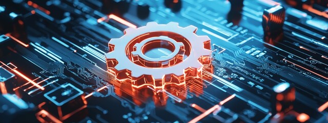 Illustration of a glowing gear icon merging with a digital screen interface