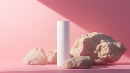 Minimalist stock photo of a white shampoo bottle on a pink background with beige rocks