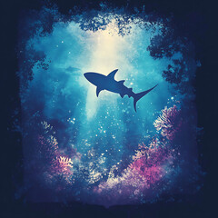 Wall Mural - Silhouette of a Shark in a Cosmic Ocean Scene