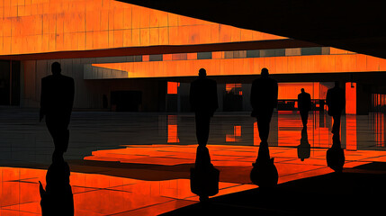 Wall Mural - Silhouettes of People Walking Near Orange Building at Sunset