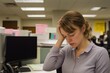 © Jaroon - Overwhelmed in the Office: A young woman sits at her desk, hand to her head, eyes downcast, portraying feelings of stress and exhaustion in a modern office setting.