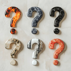 Wall Mural - Six 3D Question Marks with Varied Textures: Fire, Marble, and Stone