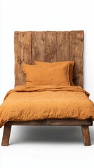 Wall Mural - Rustic Wooden Bed Frame with Orange Linen Bedding on Minimalist Background for Cozy Interior Design