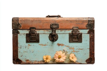 Vintage Trunk with Floral Design and Rusty Metal Accents on White Background