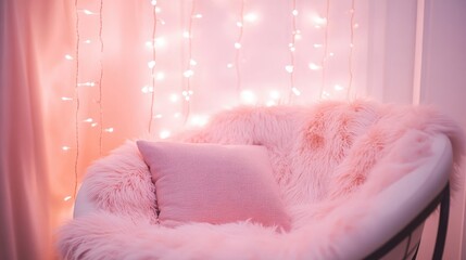 Sticker - A pink-themed reading nook with a cozy armchair, fluffy pink pillows, and warm lighting.