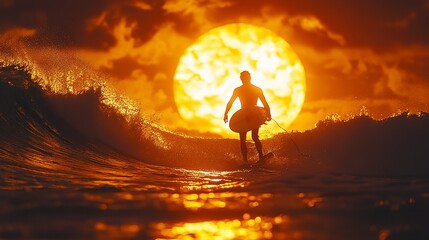 Surfer riding wave at sunset, ocean background, extreme sports