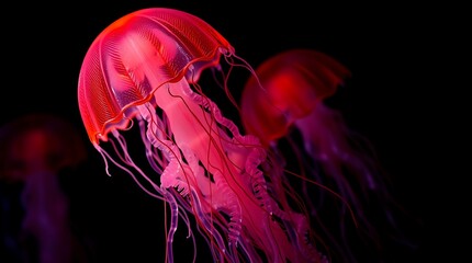 Wall Mural - Glowing Jellyfish Floating Gracefully in the Dark Underwater World