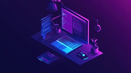 Isometric Illustration of a Modern Workspace with Coding Screens