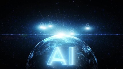 Wall Mural - 3d digital technology sphere with loop people icons and ai alphabet caption animation.