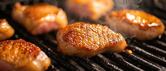 Wall Mural - Close-Up of Grilling Process Showcasing Marinated Meat on Grill with Smoke Rising