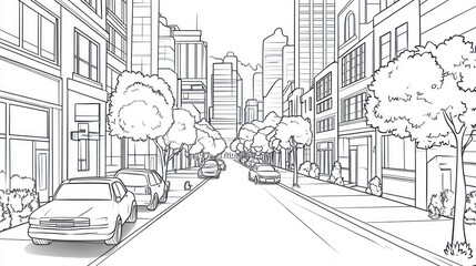 Wall Mural - City street, cars parked, buildings, trees, urban landscape, architectural design