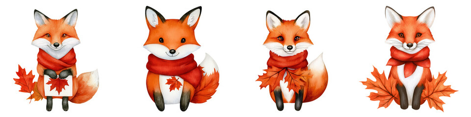 Wall Mural - Cute foxes wearing scarves with autumn leaves, perfect for seasonal designs, isolated on transparent background.