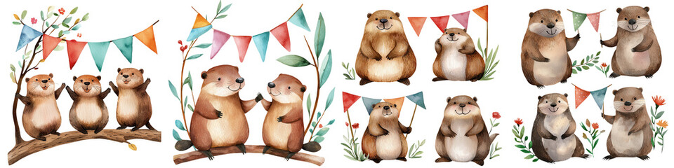 Wall Mural - Cute beavers with flags, watercolor art, perfect for celebrations and events, isolated on transparent background.