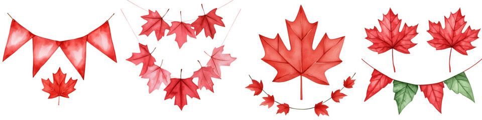 Festive red maple leaf banners and decorations for celebrations, isolated on transparent background.