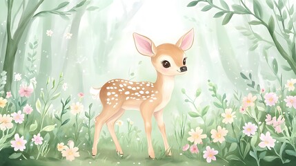 Wall Mural - Cute cartoon fawn stands in a bright pastel colored forest