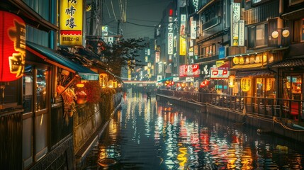 Wall Mural - Serene nighttime view of a vibrant city canal lined with illuminated shops and restaurants, reflecting city lights