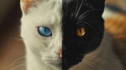 Wall Mural - A striking portrait of a two-colored cat, showcasing its unique blue and orange eyes, with a soft background