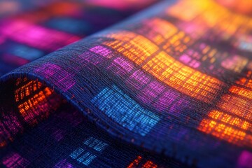 Vibrant, glowing textile with coded pattern. Ideal for tech, data, or digital concepts.