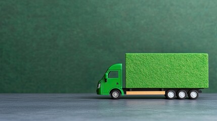 A toy truck with a green, grass-like trailer stands against a textured green background, symbolizing eco-friendliness and sustainability.