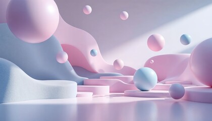 Wall Mural - Pastel Dreamscape Abstract Composition With Floating Spheres And Platforms
