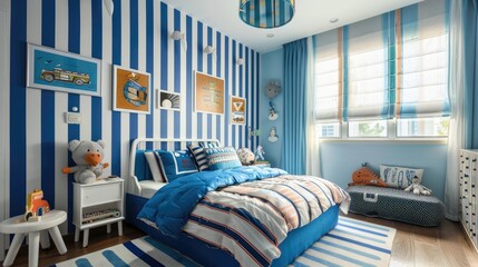 Canvas Print - Cozy blue-themed children's bedroom featuring striped walls, playful decor, and a bright, inviting atmosphere