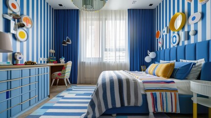 Canvas Print - Modern bedroom with blue and white striped walls, colorful decor, and a cozy atmosphere, perfect for relaxation