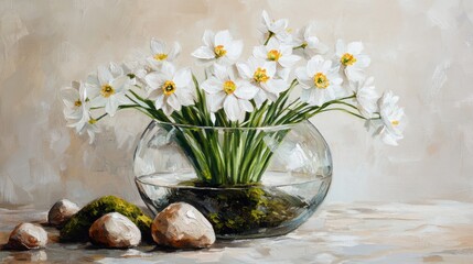 Poster - White daffodils glass bowl spring still life painting