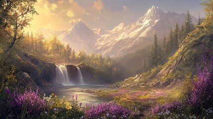 Canvas Print - Mountain waterfall sunset scenic landscape, wildflowers, peaceful nature photography