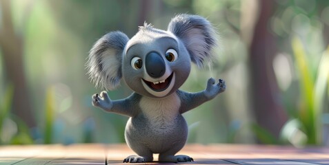 Wall Mural - Cheerful animated koala character with arms outstretched in a vibrant forest setting, exuding joy and playfulness