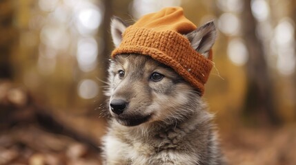 Canvas Print - A playful wolf cub wearing an orange knitted hat in a vibrant autumn forest, surrounded by fallen leaves and trees