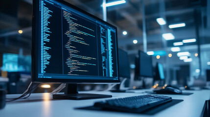 Modern Office Desk Computer Coding Software Digital Technology Program code work data screen design 