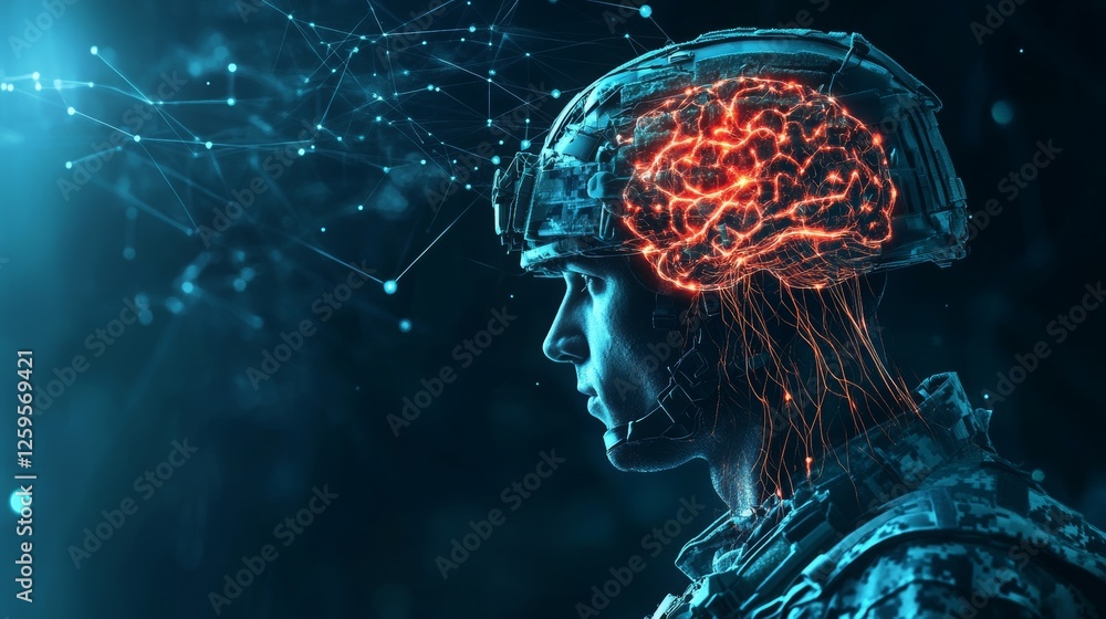 Advanced warfighter profile with glowing digital brain visualization ...