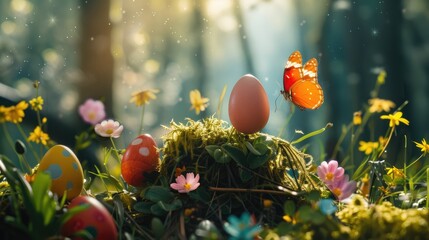 Canvas Print - Colorful Easter eggs nestled in vibrant flowers, with a butterfly fluttering in a sunlit forest setting