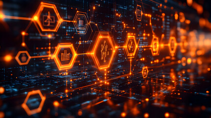 Wall Mural - futuristic digital interface with glowing hexagons and health icons in a tech setting