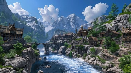 Sticker - Serene mountain village with a stone bridge over a river, surrounded by lush greenery and towering peaks