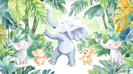 Wall Mural - Watercolor painting depicts elephants enjoying themselves in a lush jungle