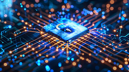 Wall Mural - close-up of a glowing microchip surrounded by vibrant circuitry and data flow
