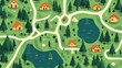© Almahyra - Mountain village map, winding paths, tranquil lakes, cabins, tourism brochure