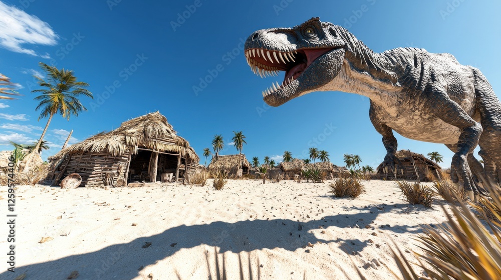 T-rex shadow towering over a deserted prehistoric village Stock ...