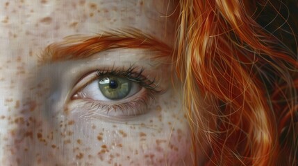 Wall Mural - Close-up of a young woman with striking green eyes and vibrant red hair, showcasing freckles and natural beauty